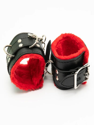 Poison Rose Faux Leather/Fur Hand Cuffs Black/Red 1